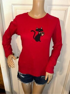 Y2K Red long sleeve top with black cat